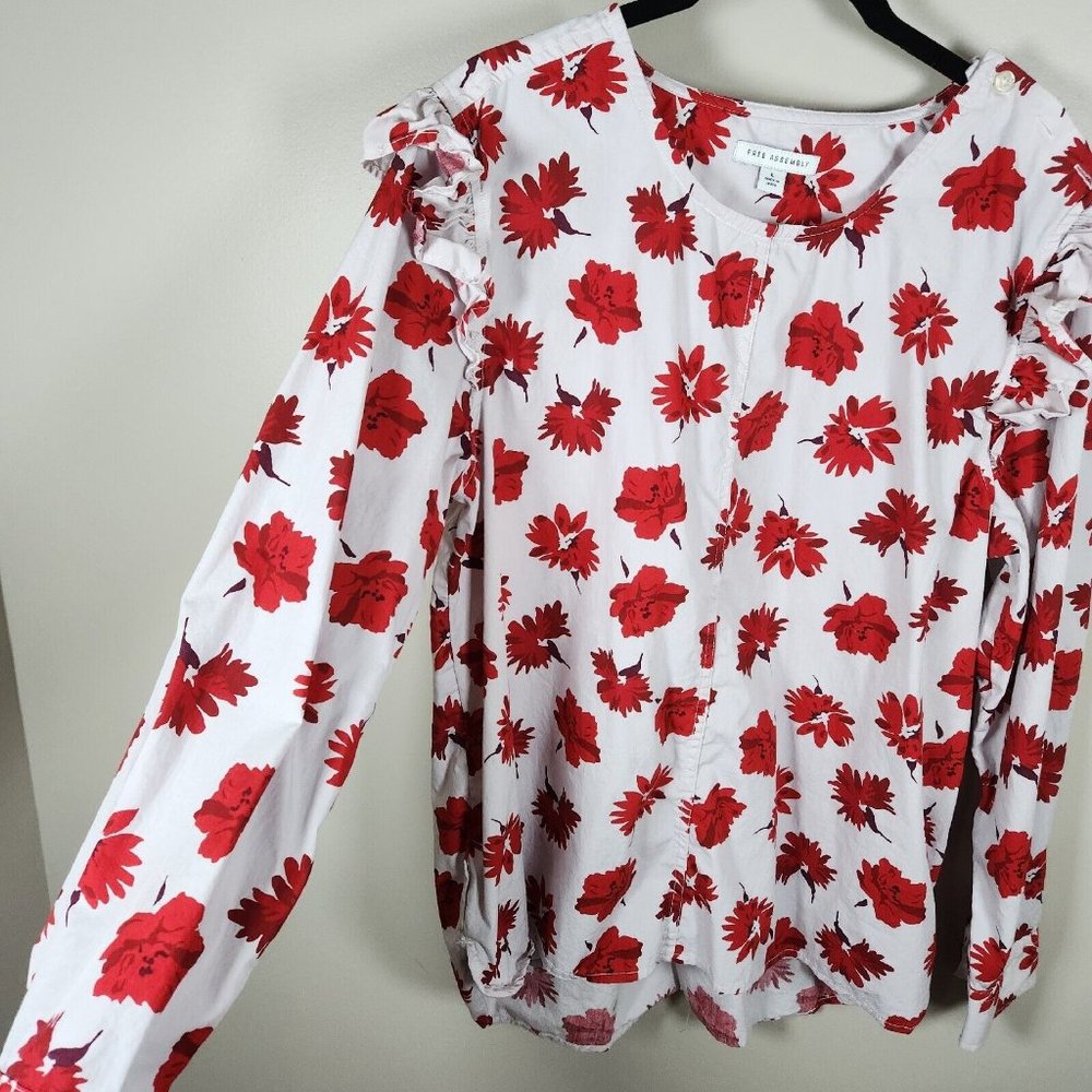 Free Assembly Shirt Womens Large Pink Floral Cotton Ruffle Sleeve High Low Top - Picture 6 of 11